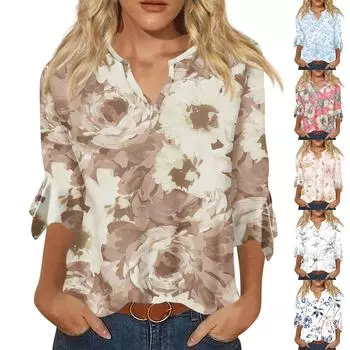 Женская модная повседневная футболка с v-образным вырезом и рукавом три четверти с цветочным принтом, топ L