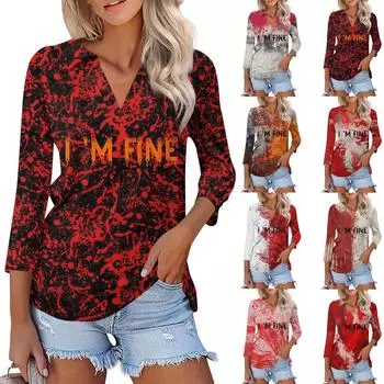 Женская модная повседневная футболка с V-образным вырезом и рукавом 3/4 на Хэллоуин с кровавым принтом M киноварь