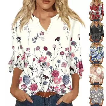 Женская модная повседневная футболка с v-образным вырезом и рукавом три четверти с цветочным принтом, топ L синий