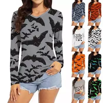 Женская модная повседневная футболка с v-образным вырезом и длинным рукавом с принтом на Хэллоуин, топ XXL зелёный