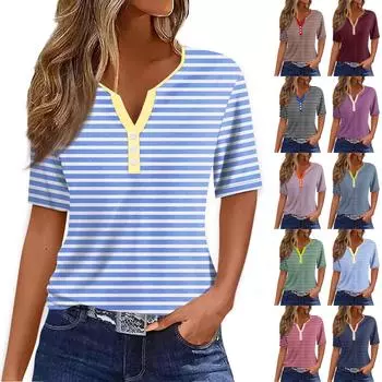 Женская модная повседневная футболка с v-образным вырезом и коротким рукавом с принтом и декоративными пуговицами, топ L
