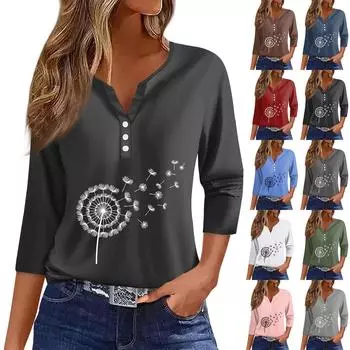 Женская модная повседневная футболка с v-образным вырезом и семью рукавами с принтом, топ L