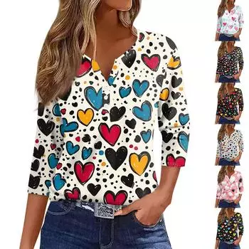 Женская модная повседневная футболка с v-образным вырезом и семью рукавами, топ на пуговицах с градиентным принтом XXL чёрный