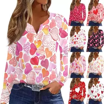Женская модная повседневная футболка с V-образным вырезом и длинным рукавом на пуговицах с принтом ко Дню святого Валентина M