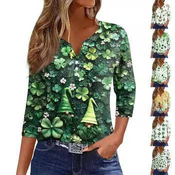 Женская модная повседневная футболка с v-образным вырезом и семью рукавами, топ на пуговицах с градиентным принтом XXL