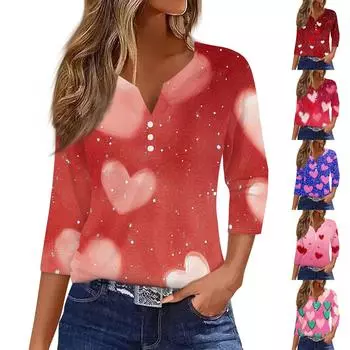 Женская модная повседневная футболка с V-образным вырезом и декоративными пуговицами на День святого Валентина с рукавом три четверти M синий
