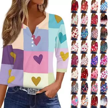 Женская модная повседневная футболка с V-образным вырезом и декоративными пуговицами на День святого Валентина с рукавом три четверти M розовый