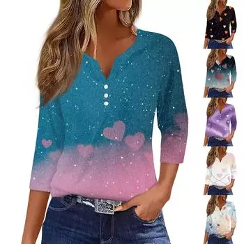 Женская модная повседневная футболка с V-образным вырезом и декоративными пуговицами на День святого Валентина с рукавом три четверти XL