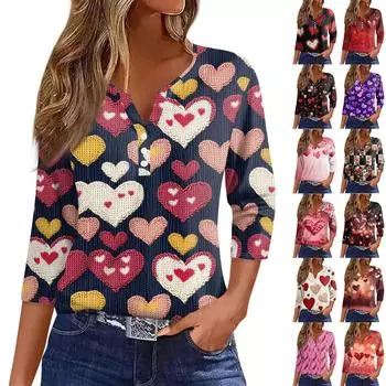 Женская модная повседневная футболка с V-образным вырезом и семью рукавами на пуговицах ко Дню святого Валентина XL бежевый