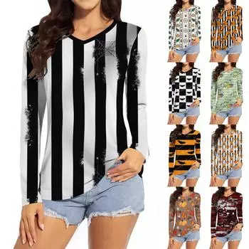 Женская модная повседневная футболка с v-образным вырезом и длинным рукавом с принтом на Хэллоуин, топ XXXL