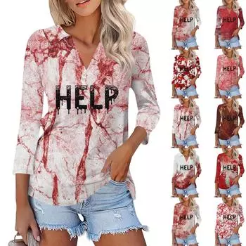 Женская модная повседневная футболка с V-образным вырезом и рукавом 3/4 на Хэллоуин с кровавым принтом XXL розовый