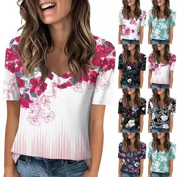 Женская модная повседневная футболка с v-образным вырезом и коротким рукавом с цветочным принтом, свободный топ XXL