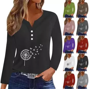 Женская модная повседневная футболка с v-образным вырезом и длинным рукавом с принтом, топ на пуговицах XXXL зелёный