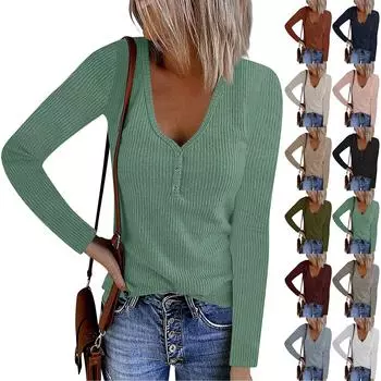 Женская модная повседневная футболка с V-образным вырезом, однотонная, с длинным рукавом, на пуговицах L армия зеленый