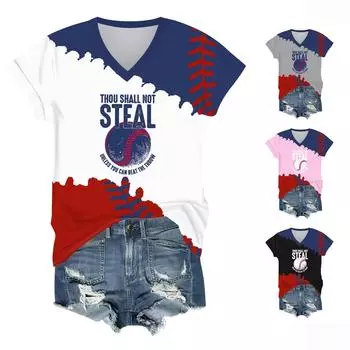 Женская модная повседневная футболка с v-образным вырезом и короткими рукавами с принтом L чёрный