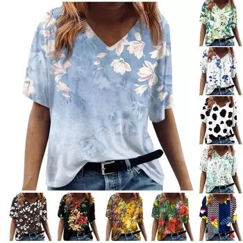 Женская модная повседневная футболка с v-образным вырезом и короткими рукавами с принтом M