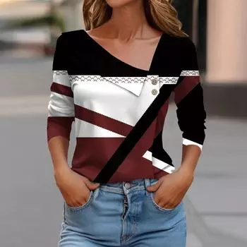 Женская модная повседневная футболка с V-образным вырезом и лацканами, винтажный топ с геометрическим принтом M винный