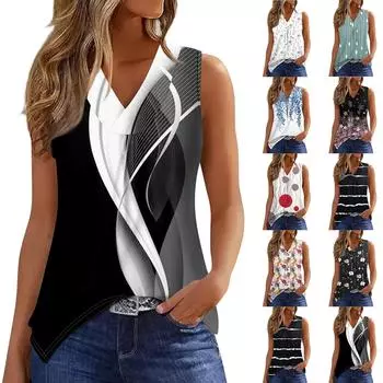 Женская модная повседневная футболка с v-образным вырезом и принтом без рукавов, нерегулярная футболка, топ L чёрный