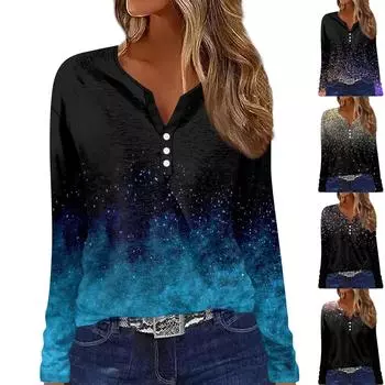 Женская модная повседневная футболка с v-образным вырезом и длинными рукавами с блестками и декоративными пуговицами, топы XXL фиолетовый