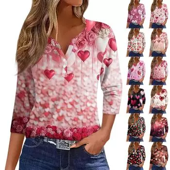 Женская модная повседневная футболка с V-образным вырезом и семью рукавами на пуговицах ко Дню святого Валентина XXL