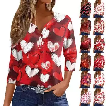 Женская модная повседневная футболка с V-образным вырезом и семью рукавами на пуговицах ко Дню святого Валентина XL киноварь