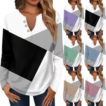 Женская модная повседневная футболка с V-образным вырезом и длинным рукавом, с принтом, с декоративными пуговицами L