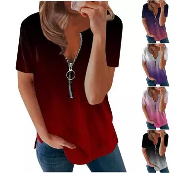 Женская модная повседневная футболка с v-образным вырезом и коротким рукавом с градиентными элементами, топ L чёрный