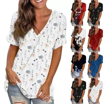 Женская модная повседневная футболка с V-образным вырезом и винтажным цветочным принтом, короткий рукав L