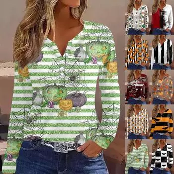 Женская модная повседневная футболка с v-образным вырезом и длинным рукавом с принтом на Хэллоуин, топ L красный