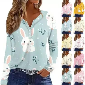 Женская модная повседневная футболка с v-образным вырезом и длинным рукавом с принтом, топ на пуговицах L зелёный