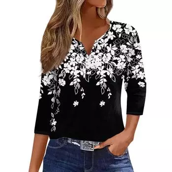 Женская модная повседневная футболка с v-образным вырезом и семью рукавами с цветочным принтом и пуговицами, топ на пуговицах S светло-синий