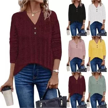 Женская модная повседневная футболка с V-образным вырезом, застегивающаяся на пуговицы, с семью рукавами L чёрный