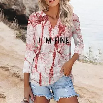 Женская модная повседневная футболка с V-образным вырезом и рукавом 3/4 на Хэллоуин с кровавым принтом S белый