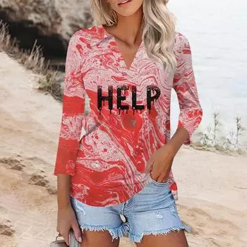 Женская модная повседневная футболка с V-образным вырезом и рукавом 3/4 на Хэллоуин с кровавым принтом XXL красный