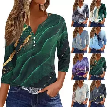 Женская модная повседневная футболка с v-образным вырезом и семью рукавами, топ на пуговицах с градиентным принтом S