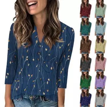 Женская модная повседневная футболка с винтажным цветочным принтом и V-образным вырезом, рукавом 3/4, на пуговицах L синий