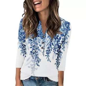 Женская модная повседневная футболка с винтажным цветочным принтом и V-образным вырезом, рукавом 3/4, на пуговицах S розовый