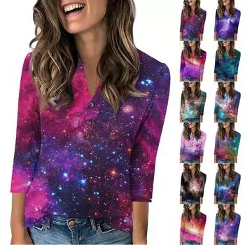 Женская модная повседневная футболка с винтажным принтом звезд, V-образным вырезом и рукавом семь четвертей на пуговицах L чёрный