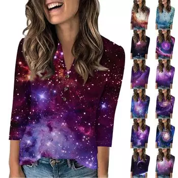 Женская модная повседневная футболка с винтажным принтом звезд, V-образным вырезом и рукавом семь четвертей на пуговицах S