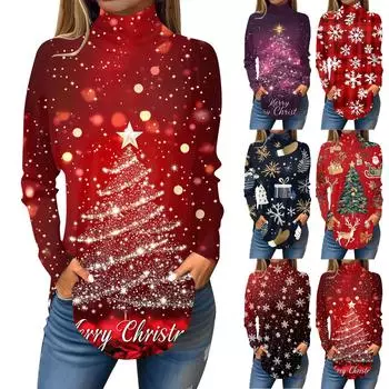 Женская модная повседневная футболка с высоким воротом и рождественским принтом, длинный рукав, пуловер, топ L винный