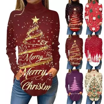 Женская модная повседневная футболка с высоким воротом и рождественским принтом, длинный рукав, пуловер, топ XL