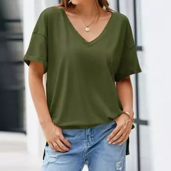 Женская модная повседневная футболка с заниженной линией плеч, коротким рукавом и глубоким V-образным вырезом L армия зеленый