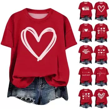 Женская модная повседневная футболка с заниженной линией плеч, коротким рукавом, принтом ко Дню святого Валентина, круглым вырезом M красный