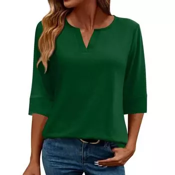 Женская модная повседневная футболка свободного кроя с V-образным вырезом и рукавом 3/4, однотонная женская футболка L армия зеленый