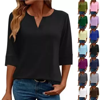 Женская модная повседневная футболка свободного кроя с V-образным вырезом и рукавом 3/4, однотонная женская футболка L армия зеленый