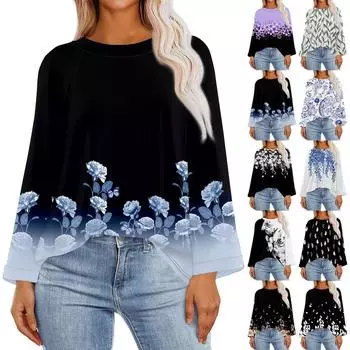 Женская модная повседневная футболка свободного покроя с глубокими рукавами и круглым вырезом, свободный топ с цветочным принтом в стиле ретро L чёрный