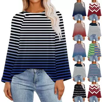 Женская модная повседневная футболка свободного покроя с глубокими рукавами и круглым вырезом, свободный топ с принтом в полоску L зелёный