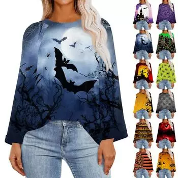 Женская модная повседневная футболка свободного покроя с глубокими рукавами и круглым вырезом, свободный топ с принтом на Хэллоуин S