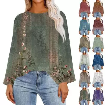 Женская модная повседневная футболка свободного покроя с глубокими рукавами и круглым вырезом, свободный топ с цветочным принтом в стиле ретро L