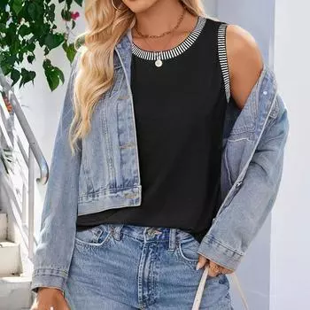 Женская модная повседневная футболка-топ без рукавов с круглым вырезом и цветными блоками, приталенная L